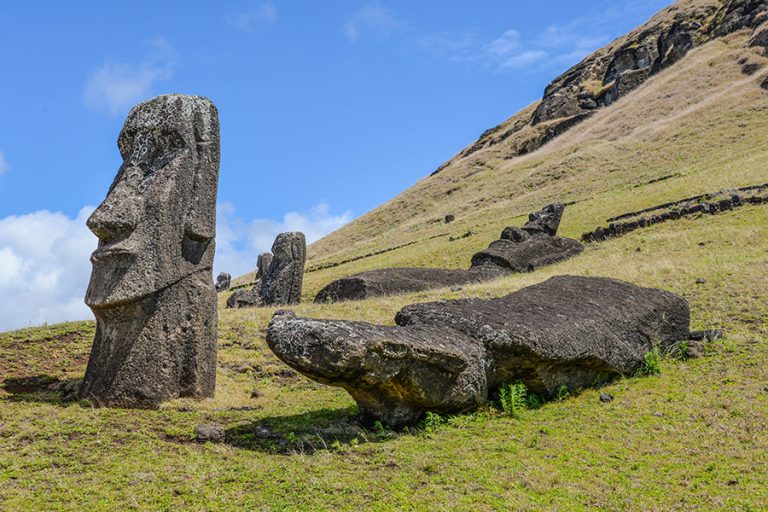 Fallen moai statues in Rano Raraku