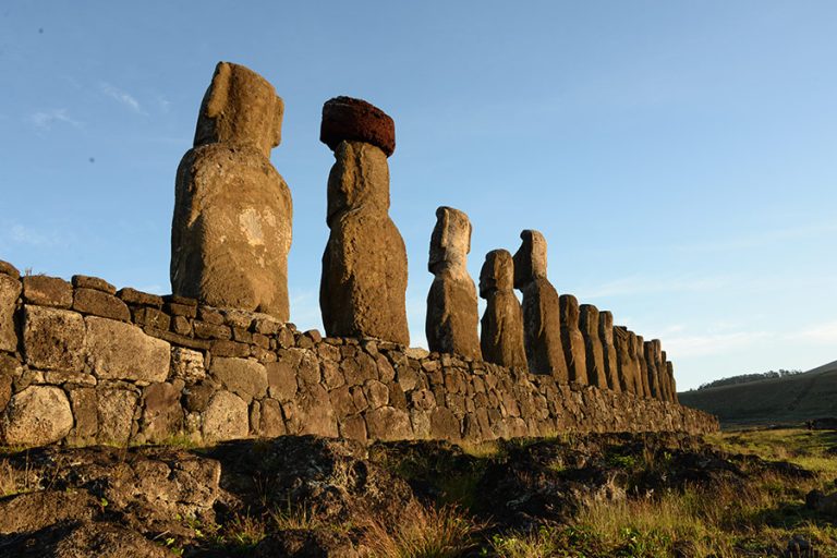 The back of Ahu Tongariki at sunrise